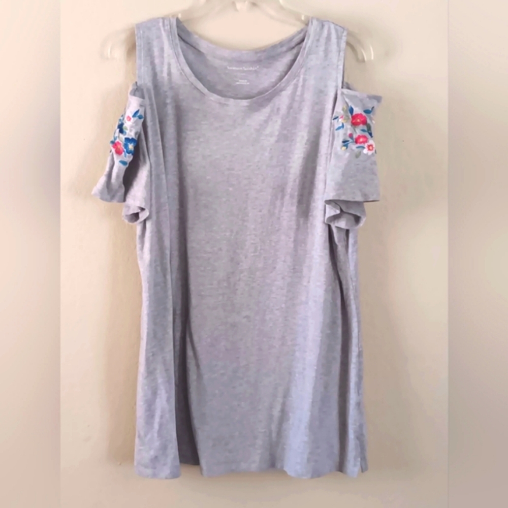 3/10 Embroidered Cold Shoulder Tunic Tee L Gray Floral Woman Within